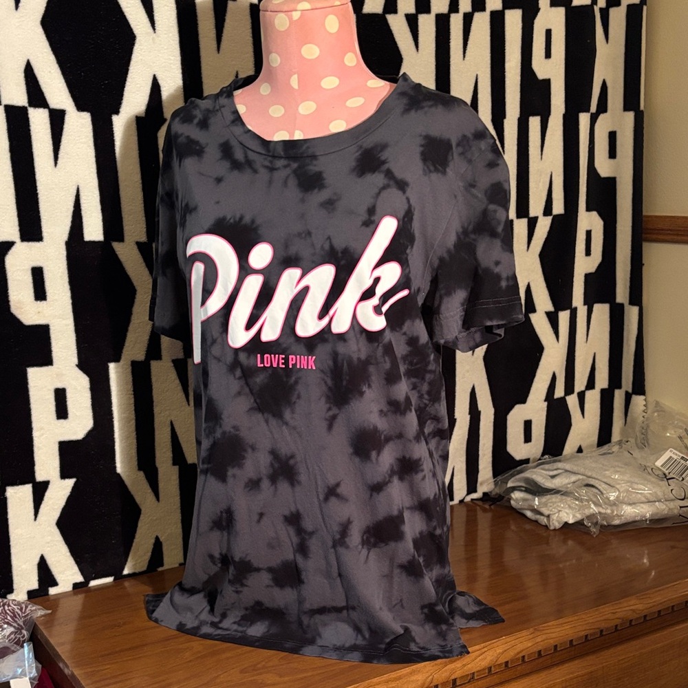 PINK Victoria's Secret Black Tie-Dye Tee with Pink CAMPUS Tee